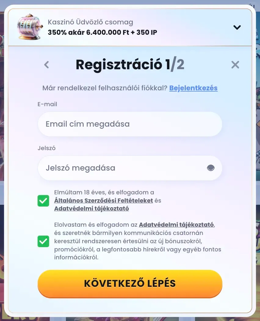 A Casinolab regisztrációs űrlapja